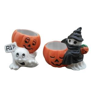 Halloween Ceramic Funny Ghost Candle or Treat Holder Pair 3" Taiwan